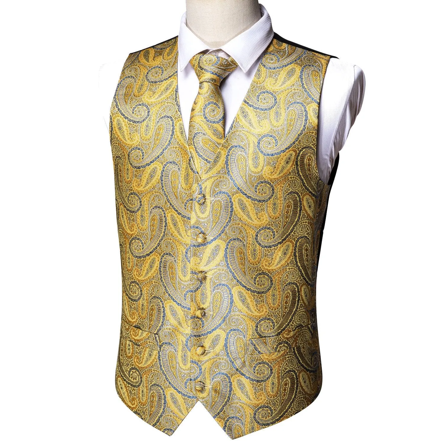 Golden Blue Paisley Silk Men's Vest Tie Hanky Cufflinks Set Waistcoat Suit Set