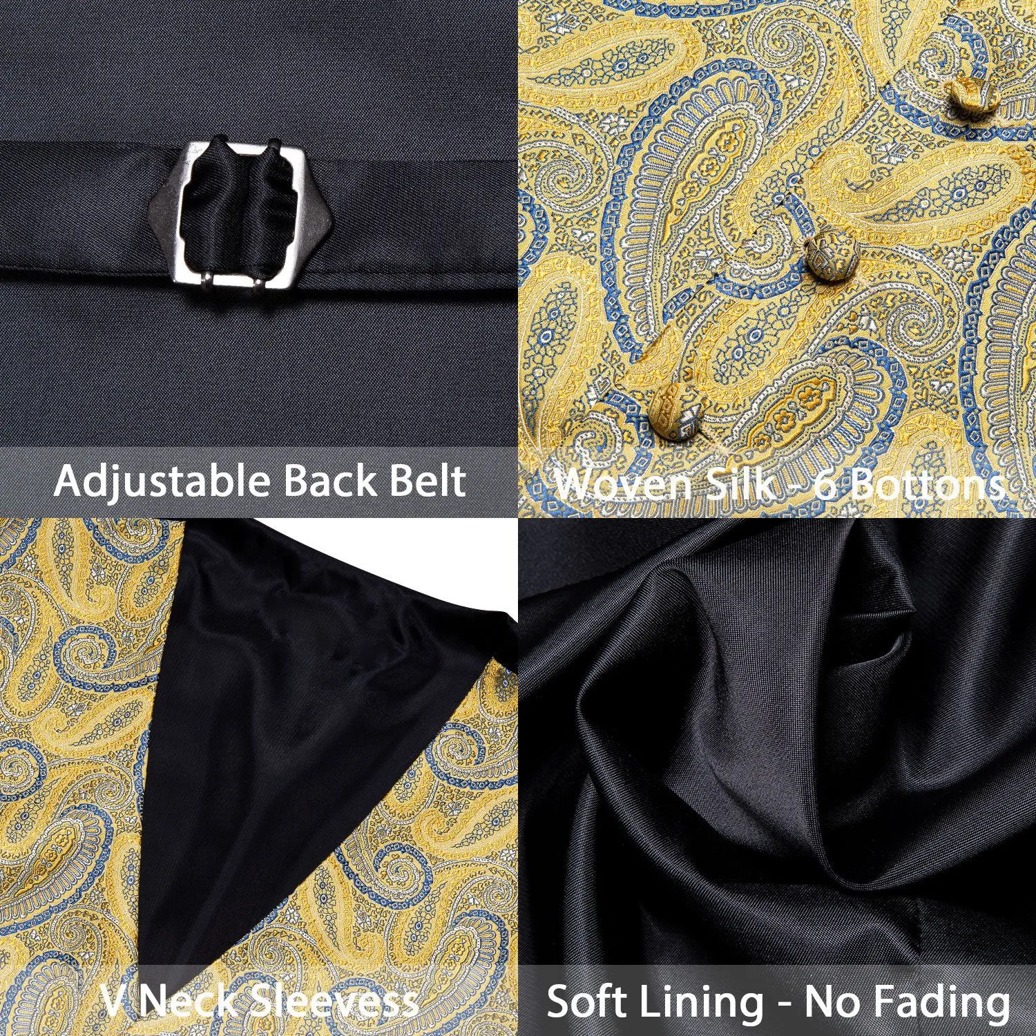 Golden Blue Paisley Silk Men's Vest Tie Hanky Cufflinks Set Waistcoat Suit Set