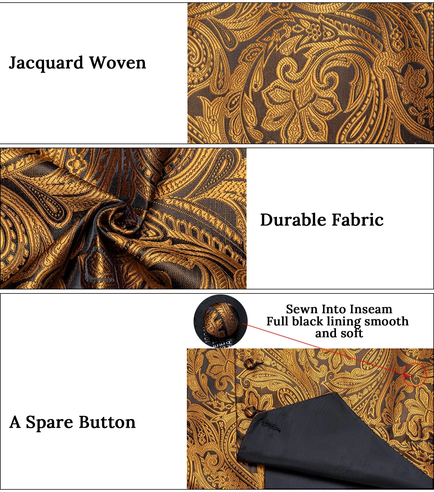 Golden Brown Paisley Silk Men's Vest Hanky Cufflinks Tie Set