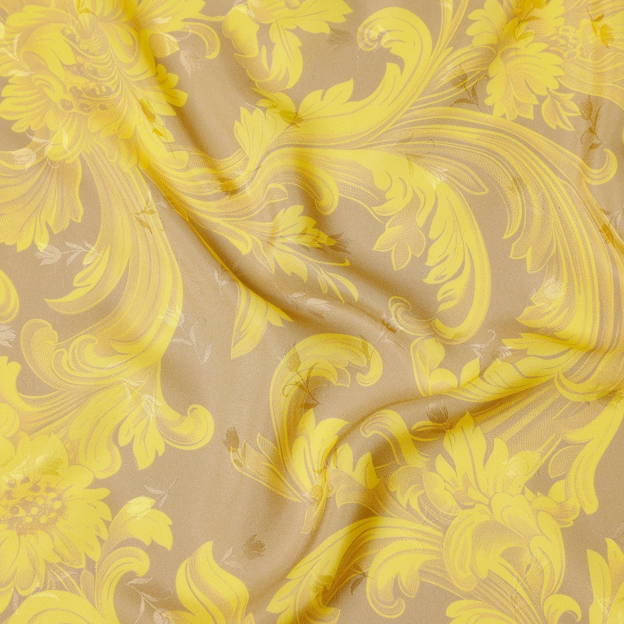 Golden Yellow Baroque Print Pure Silk Satin Fabric, 140 cm Width, Made in Italy -D21169