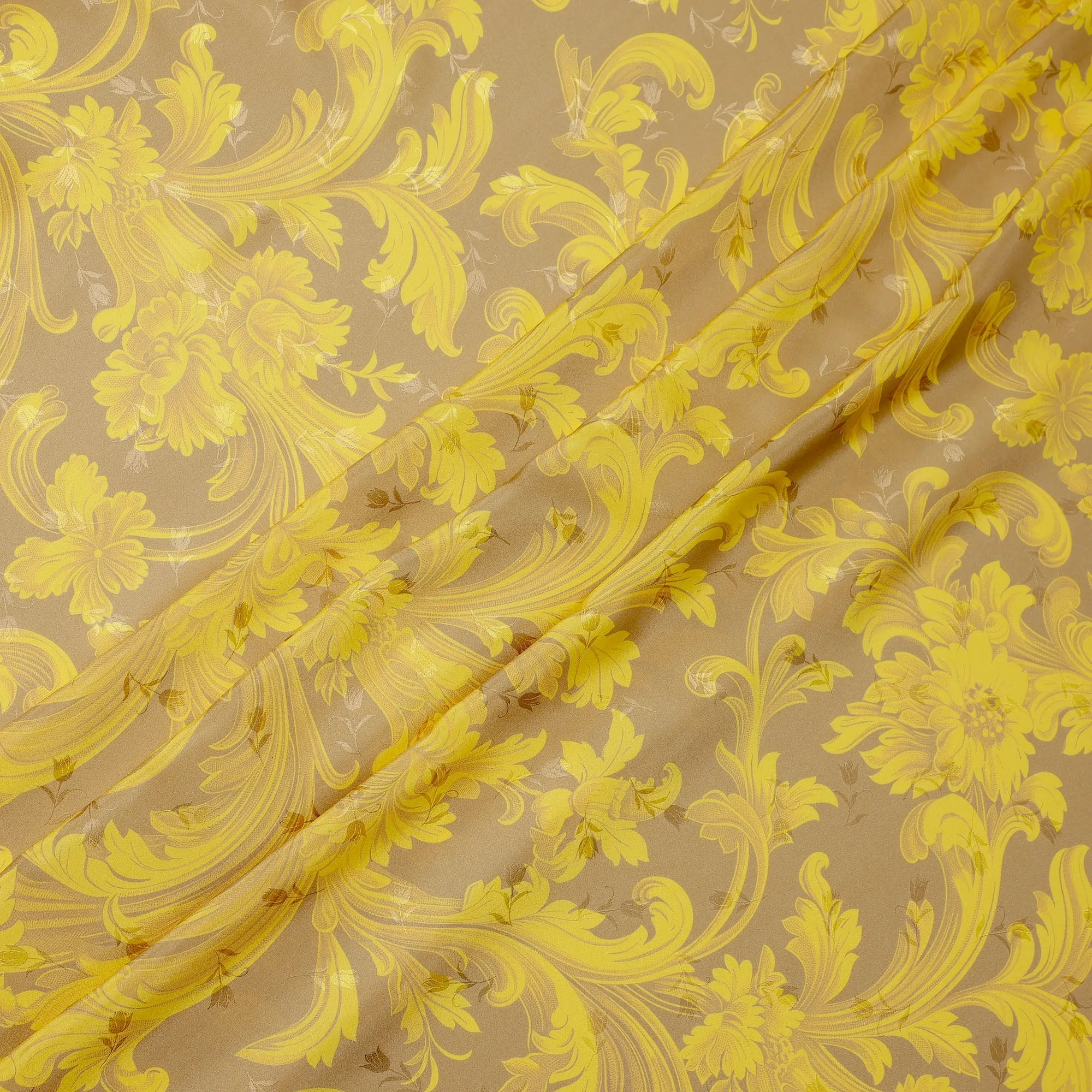 Golden Yellow Baroque Print Pure Silk Satin Fabric, 140 cm Width, Made in Italy -D21169