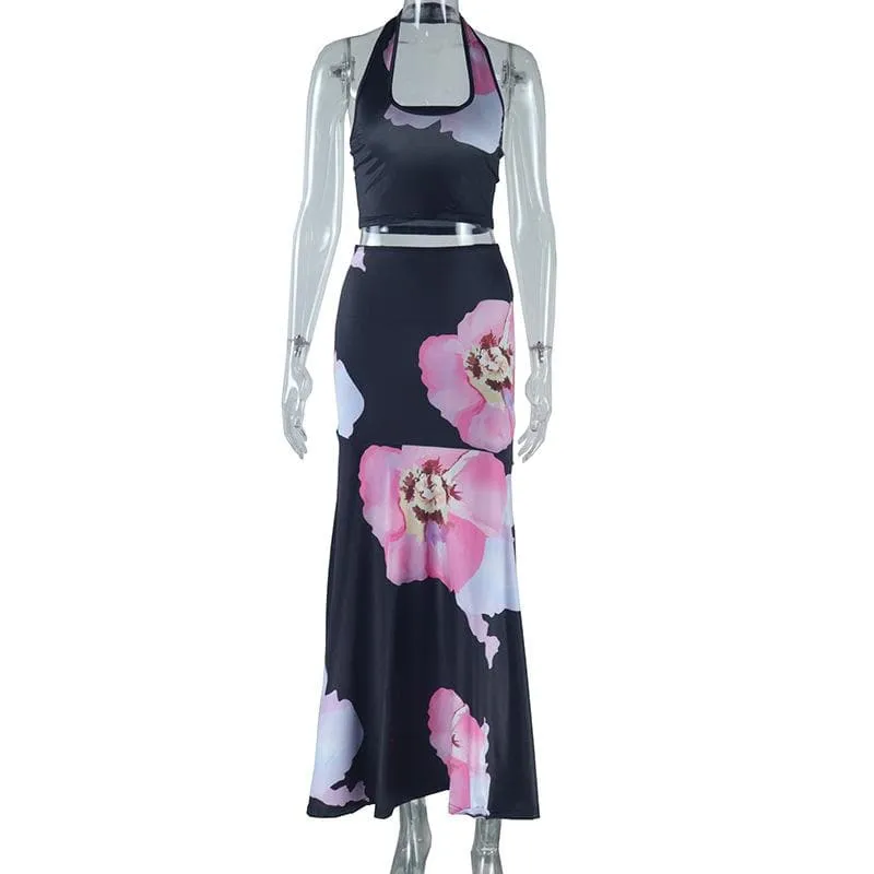 Halter backless flower print midi skirt set