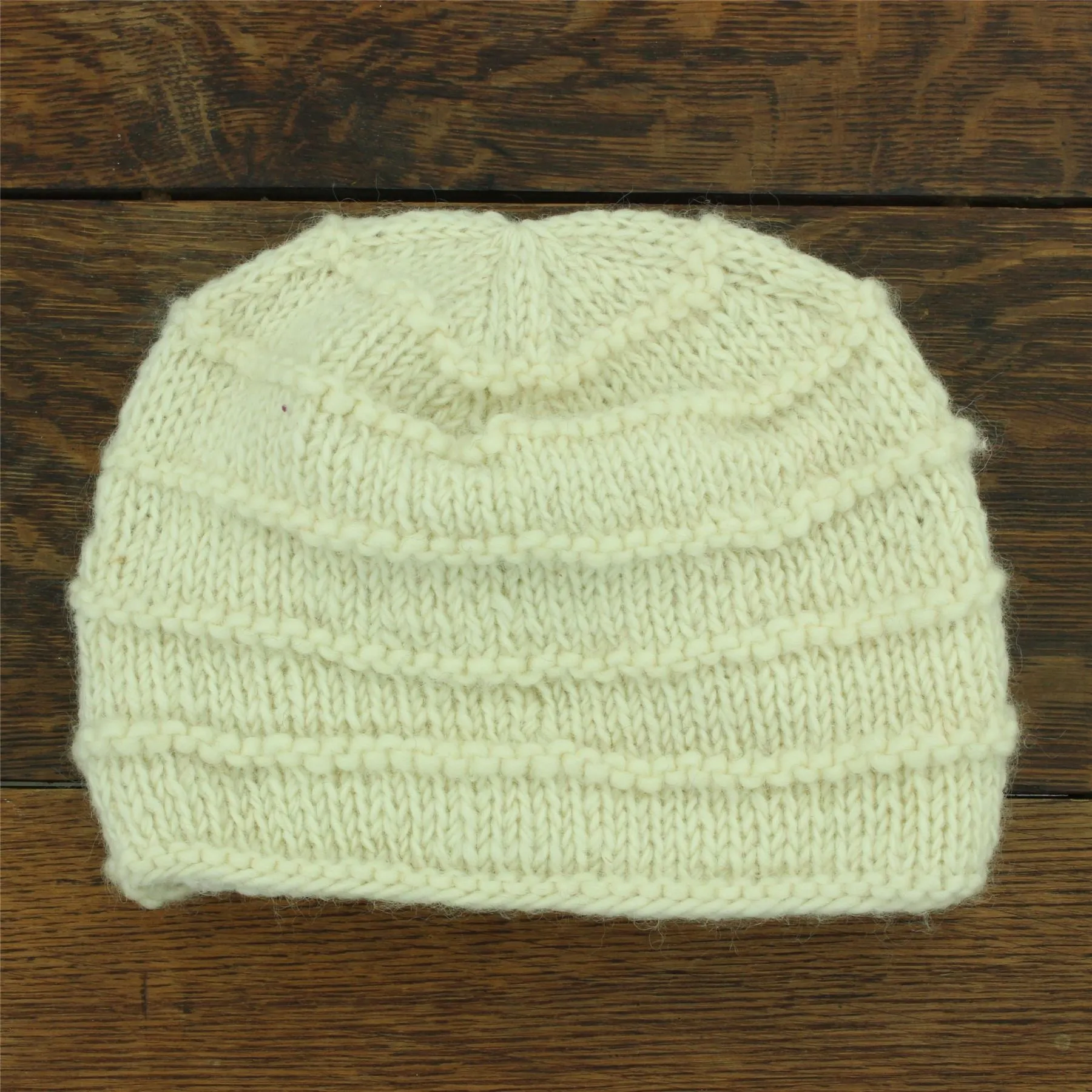 Hand Knitted Wool Beanie Hat - Plain Cream