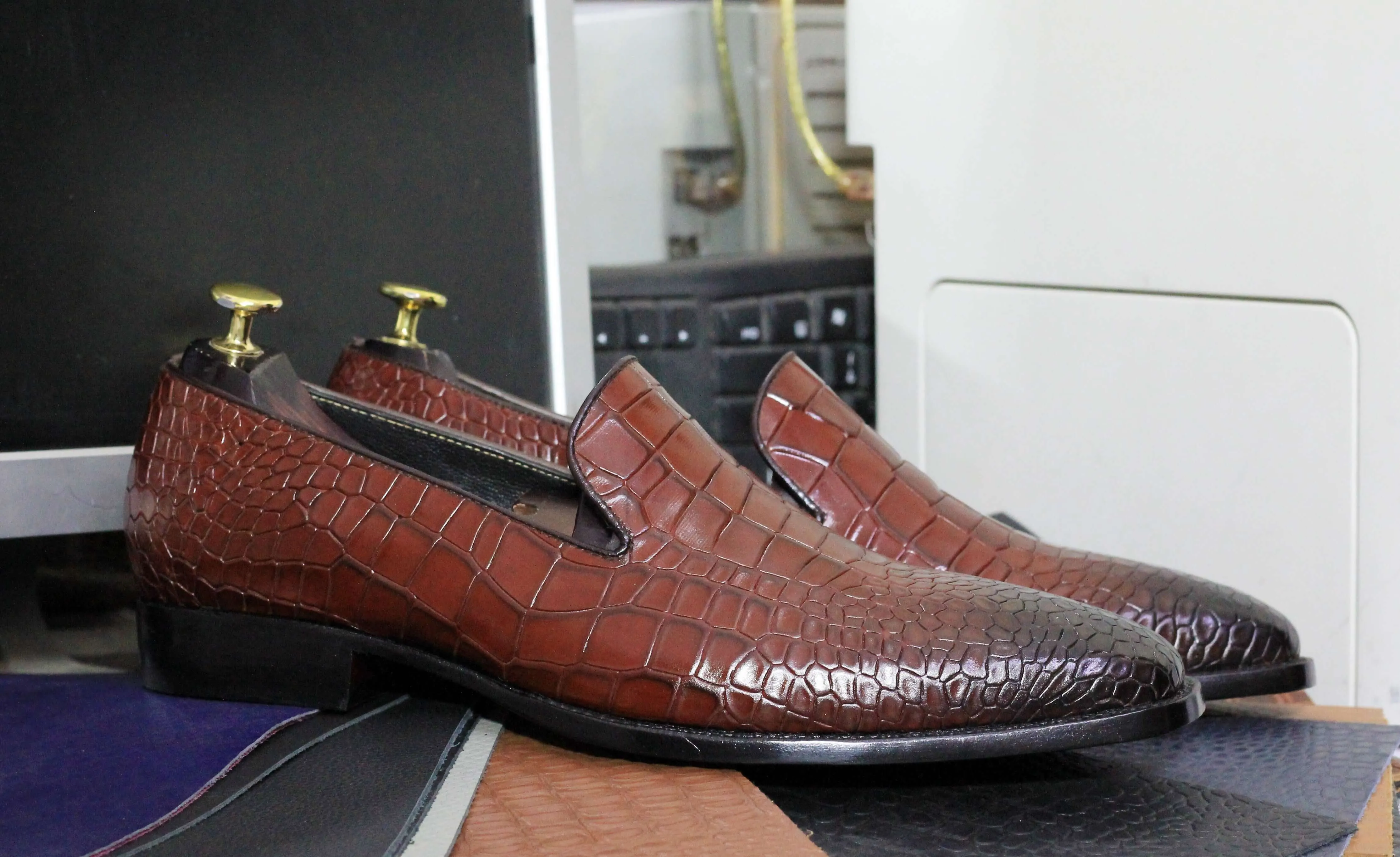 Handmade Alligator Skin Brown Leather Slip On Shoes