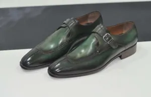 Handmade Green Color Leather Shoes, Men's Slip Toe Monk Strap Dress Shoes