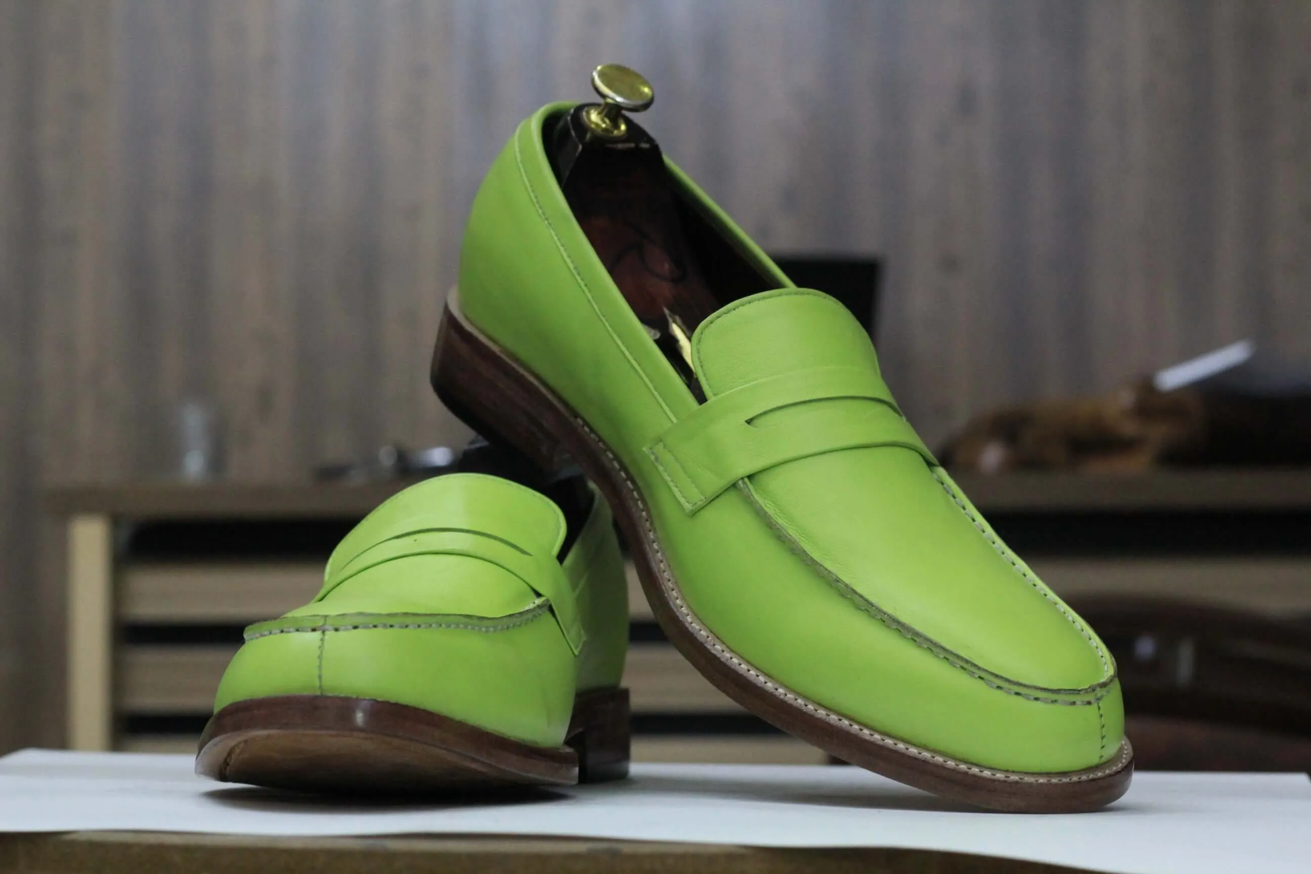 Handmade Green Penny Loafer Leather Shoes, Slip On Casual Moccasin Shoes