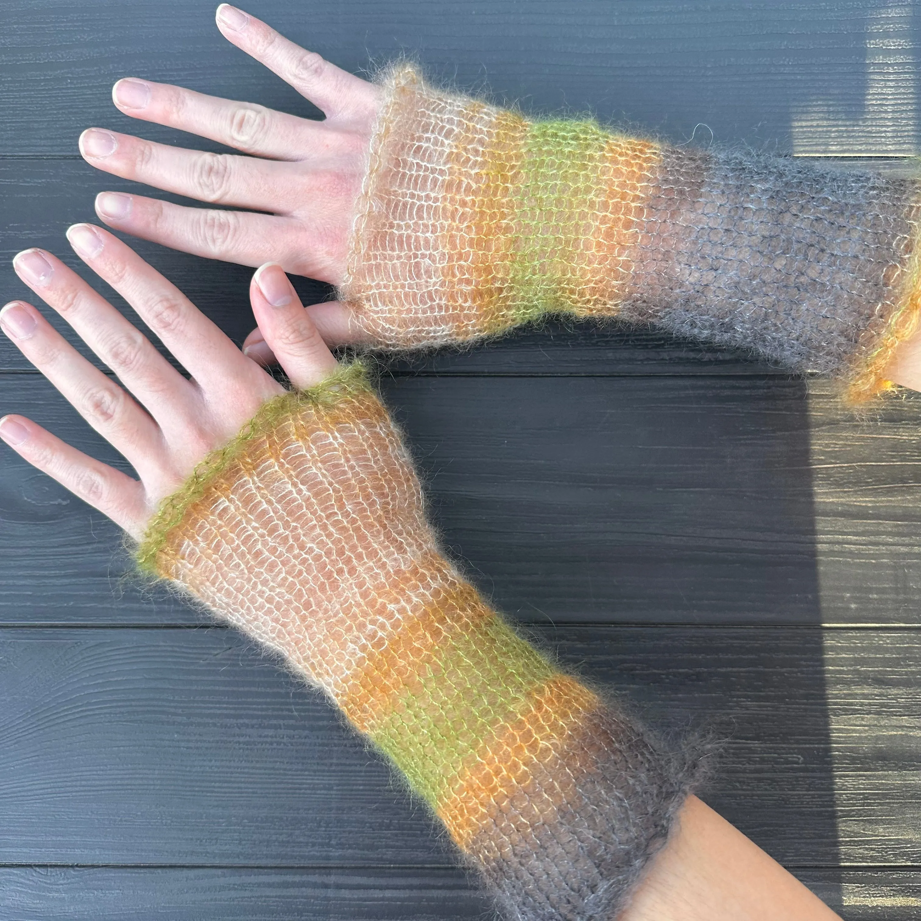 Handmade knitted mohair hand warmers in ombré earth tones - with thumb hole