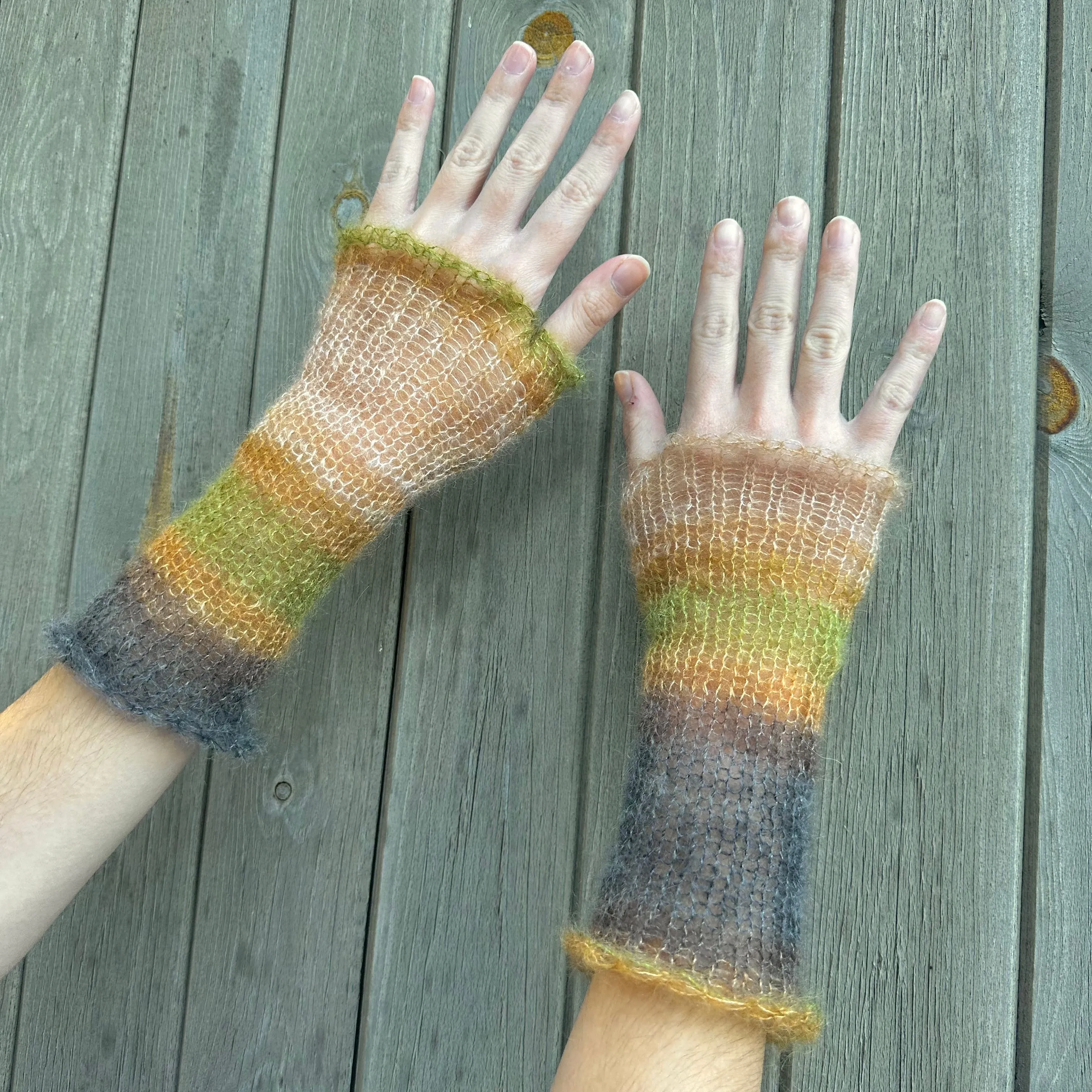 Handmade knitted mohair hand warmers in ombré earth tones - with thumb hole