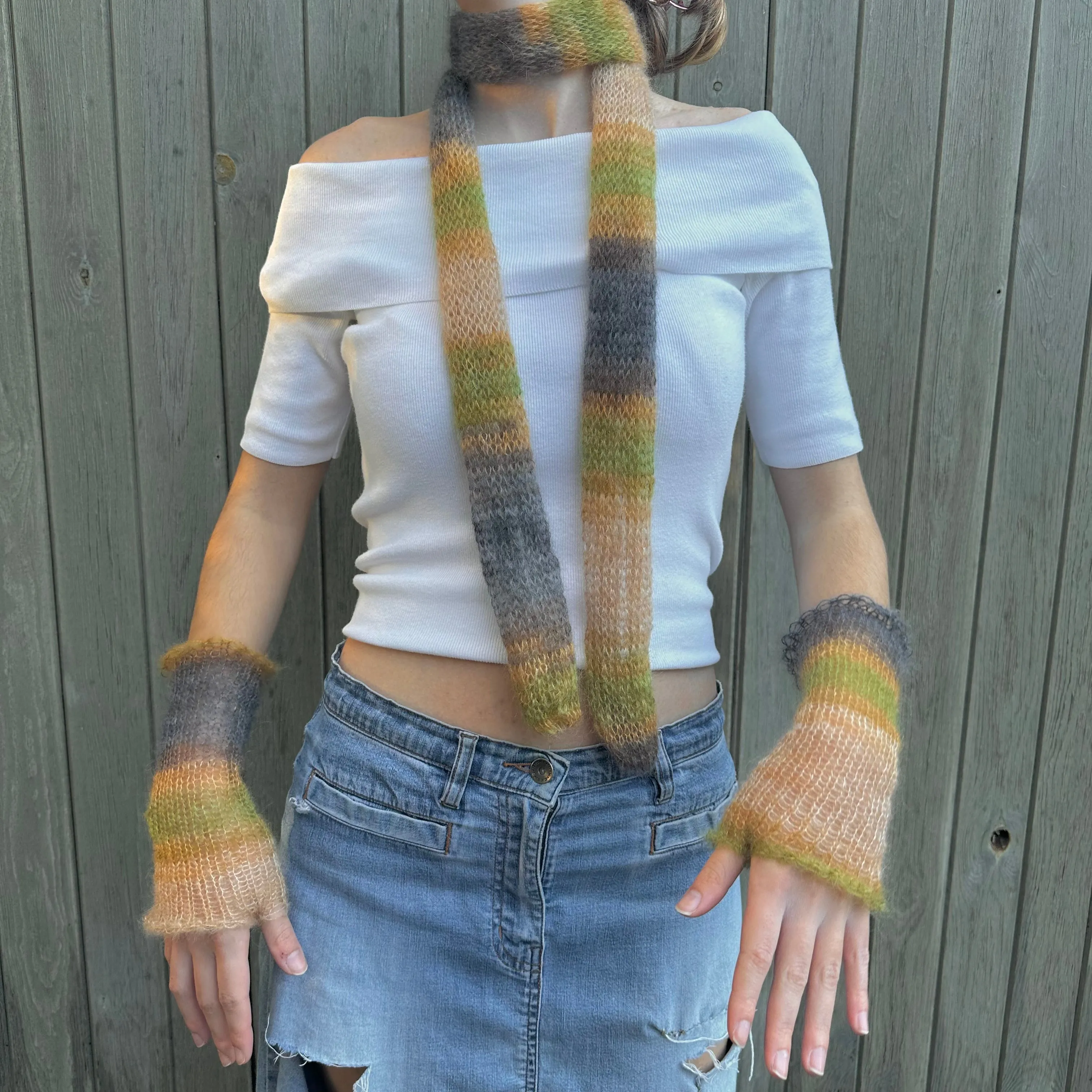 Handmade knitted mohair hand warmers in ombré earth tones - with thumb hole