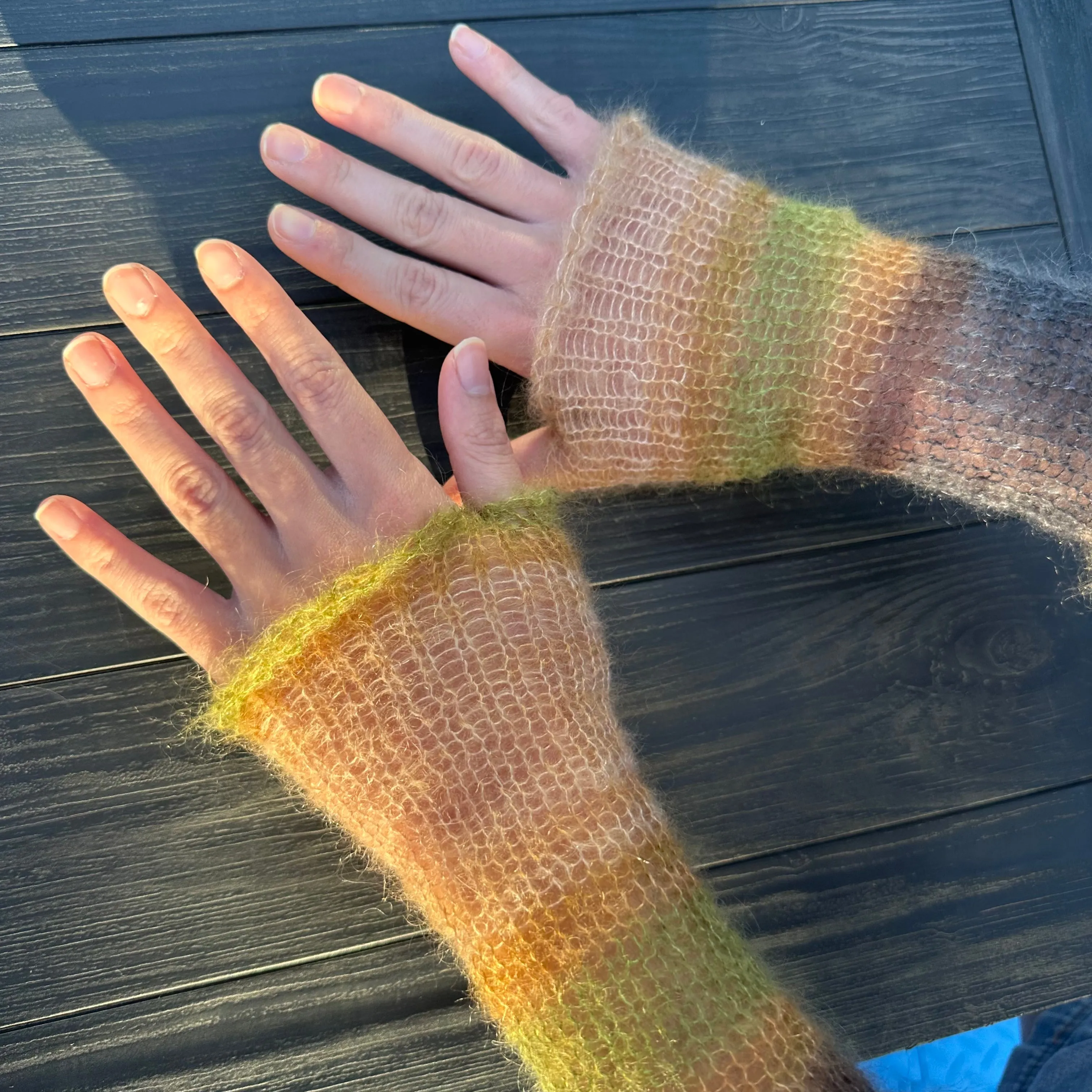 Handmade knitted mohair hand warmers in ombré earth tones - with thumb hole