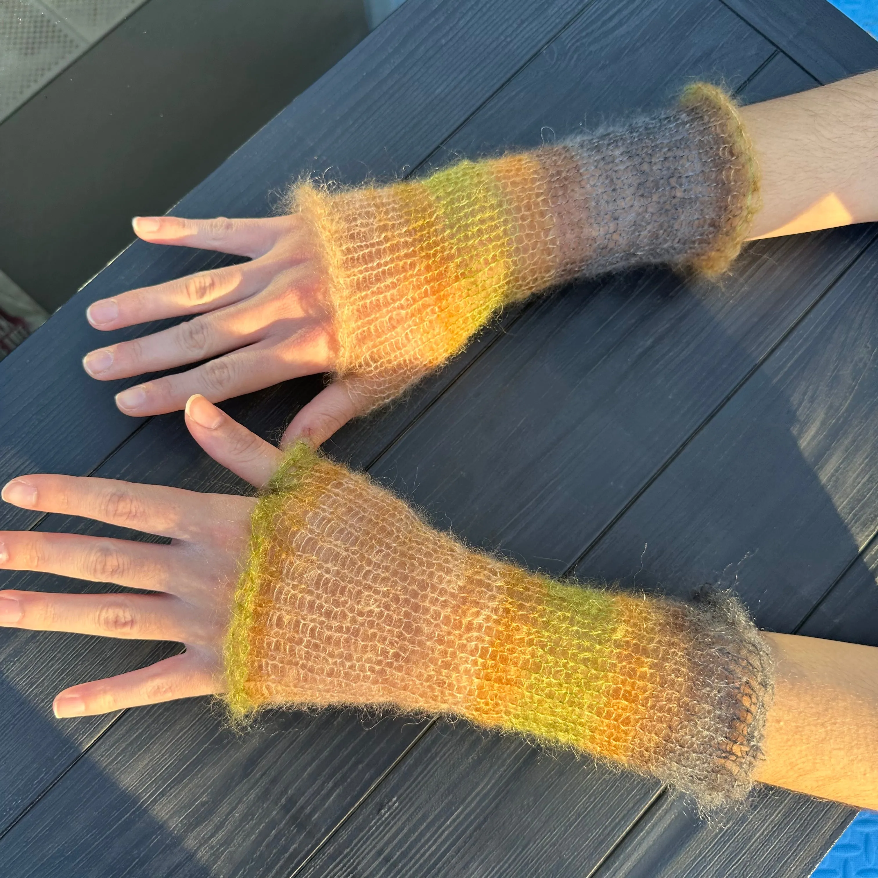 Handmade knitted mohair hand warmers in ombré earth tones - with thumb hole