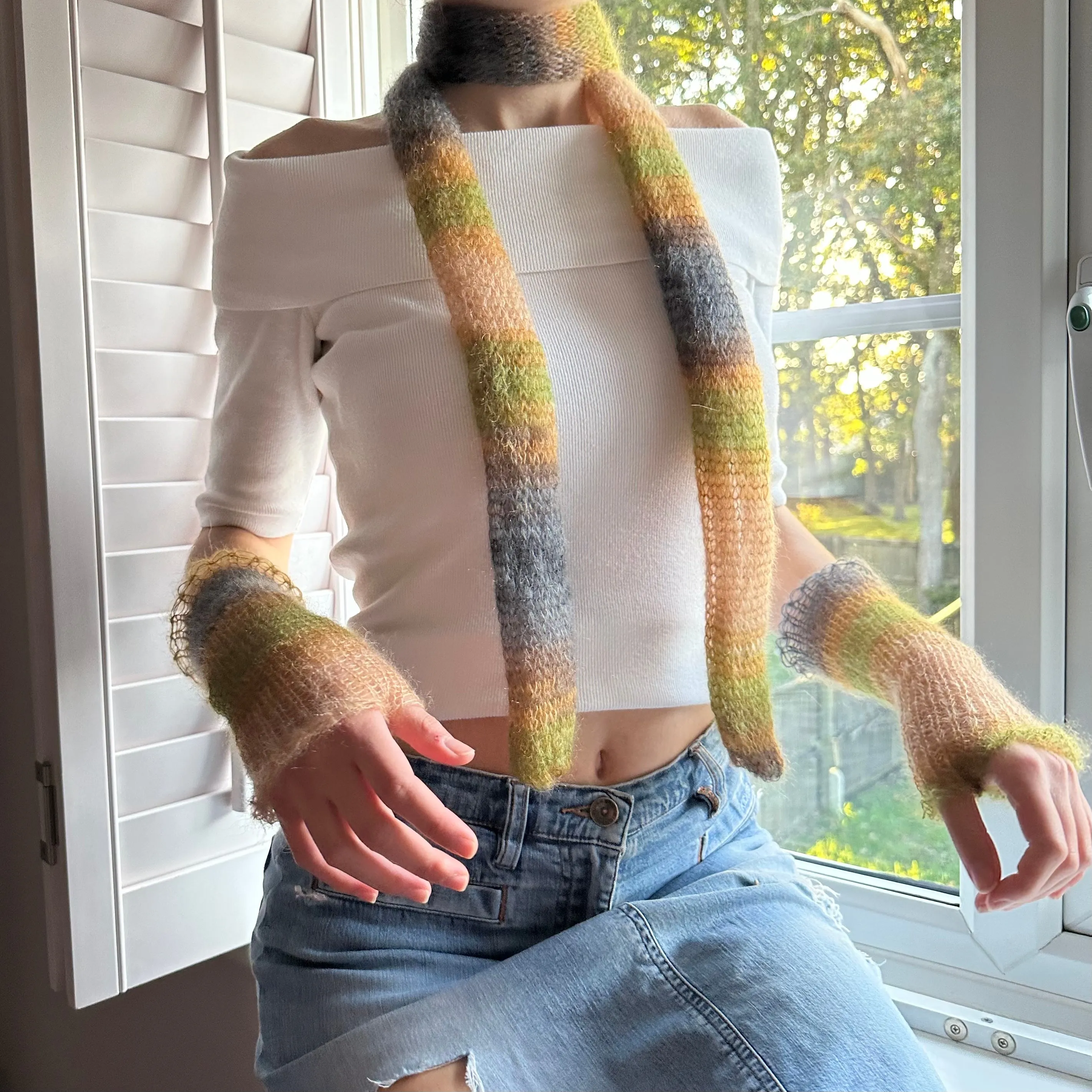 Handmade knitted mohair hand warmers in ombré earth tones - with thumb hole