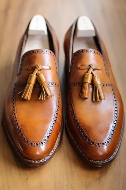 Handmade Men's Tassels Fashion Shoes, Tan Brown Loafer Slip On Formal Shoes