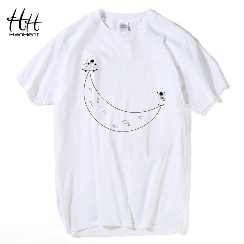 HanHent Funny T shirts Men Summer Fashion Climb To The Moon Printed Tshirt Casual Short Sleeve O-neck T-shirt Cotton Tops Tees