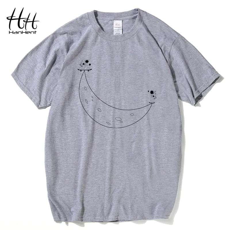 HanHent Funny T shirts Men Summer Fashion Climb To The Moon Printed Tshirt Casual Short Sleeve O-neck T-shirt Cotton Tops Tees