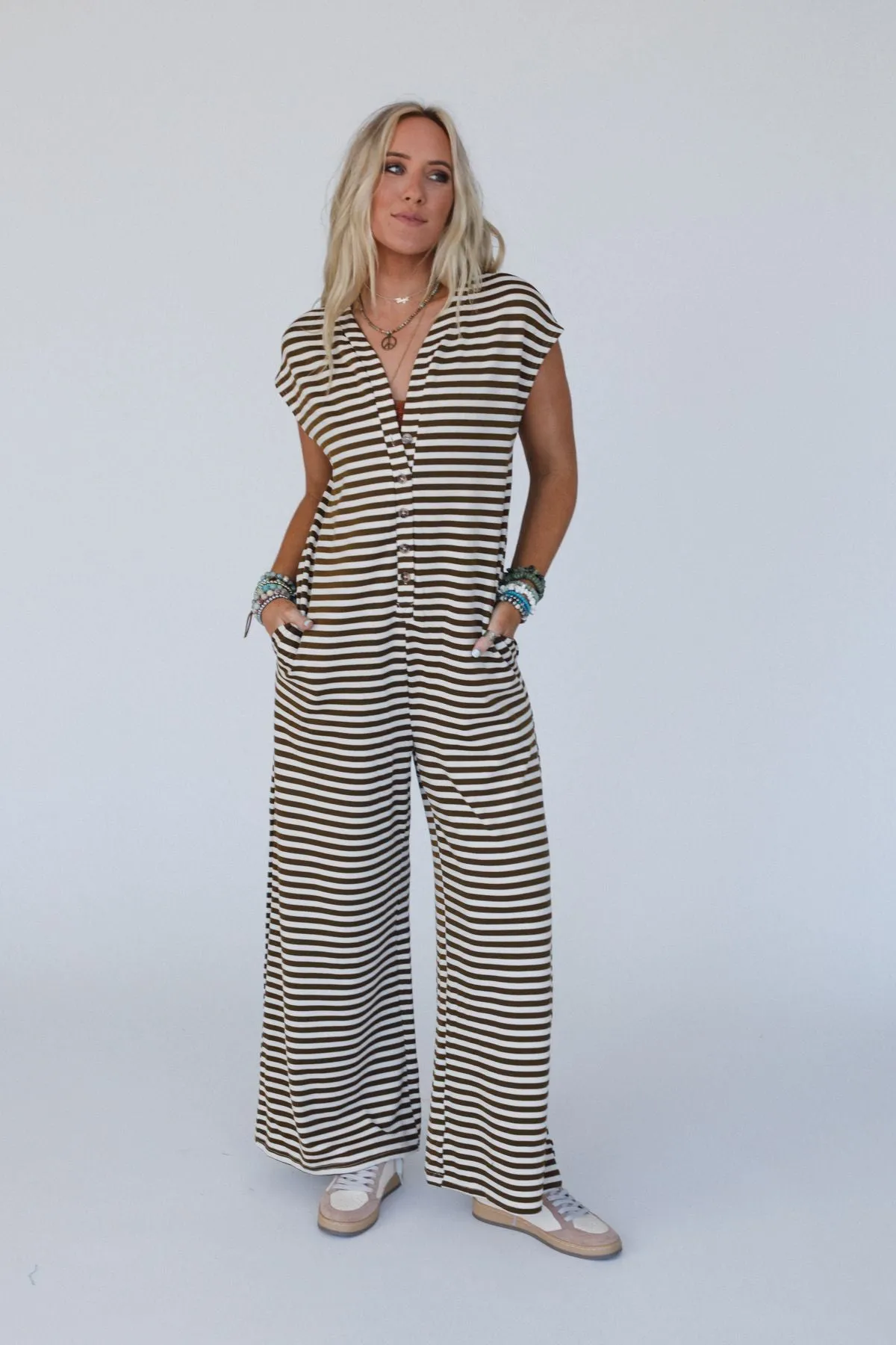 Heartstrings Striped Jumpsuit - Mocha