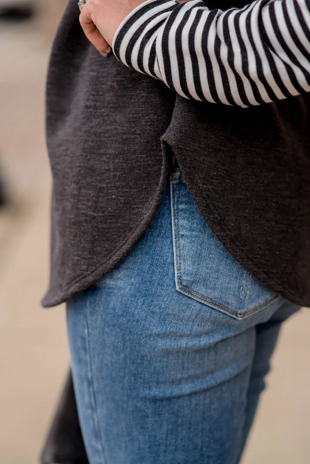 Heathered Striped Sleeve Cowl Neck Sweatshirt