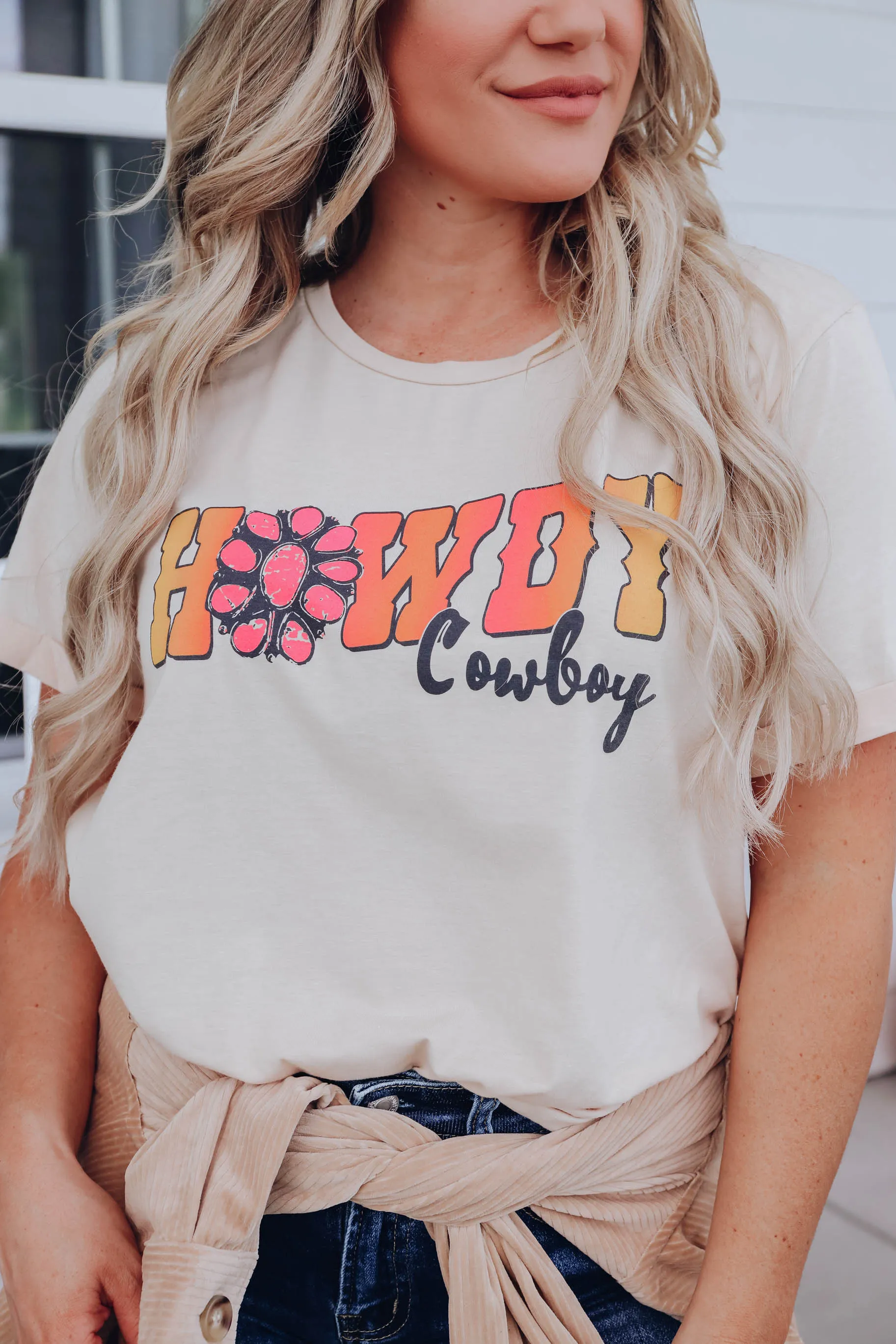 Howdy Cowboy Graphic Tee - Beige S-3X - Final Sale