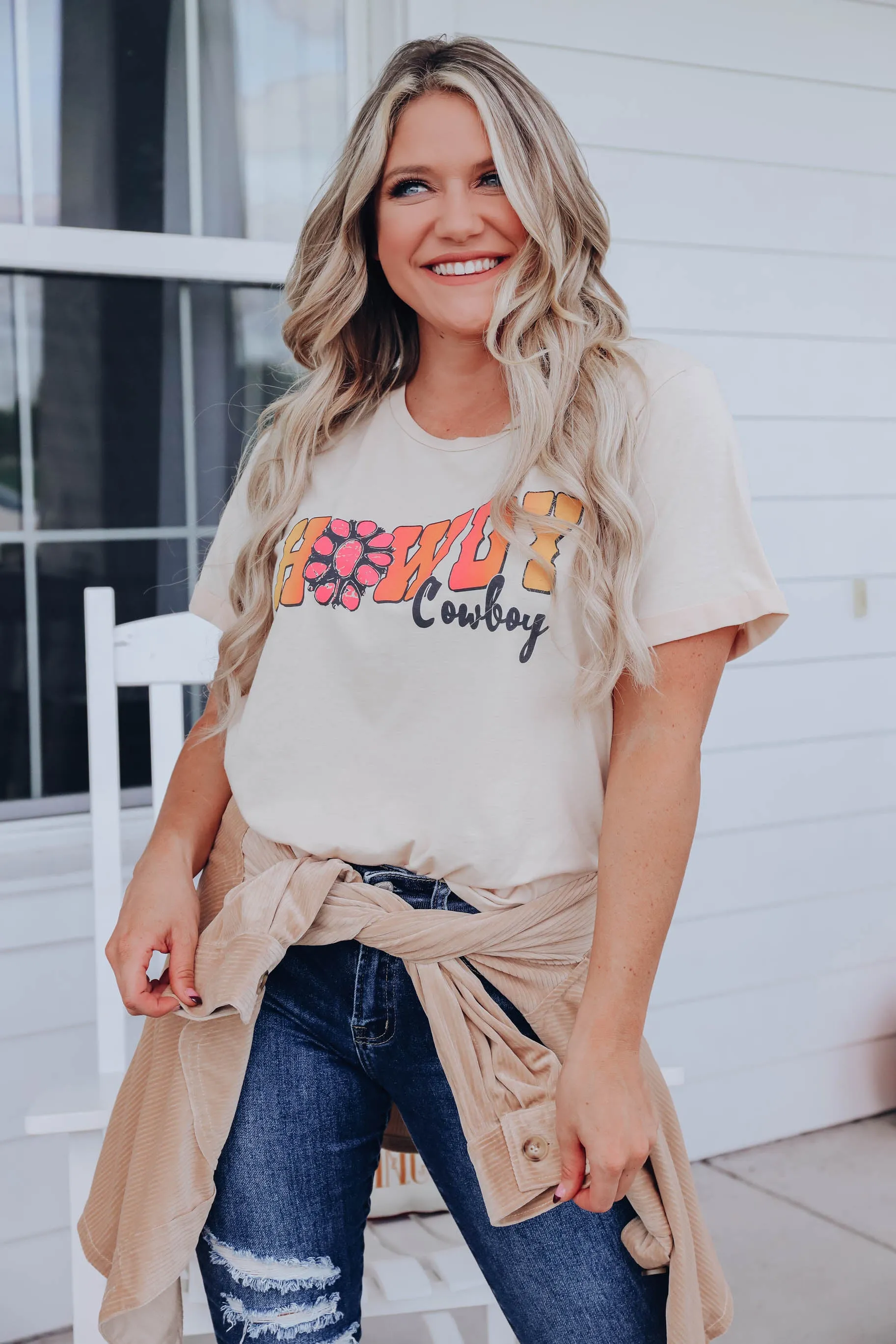 Howdy Cowboy Graphic Tee - Beige S-3X - Final Sale