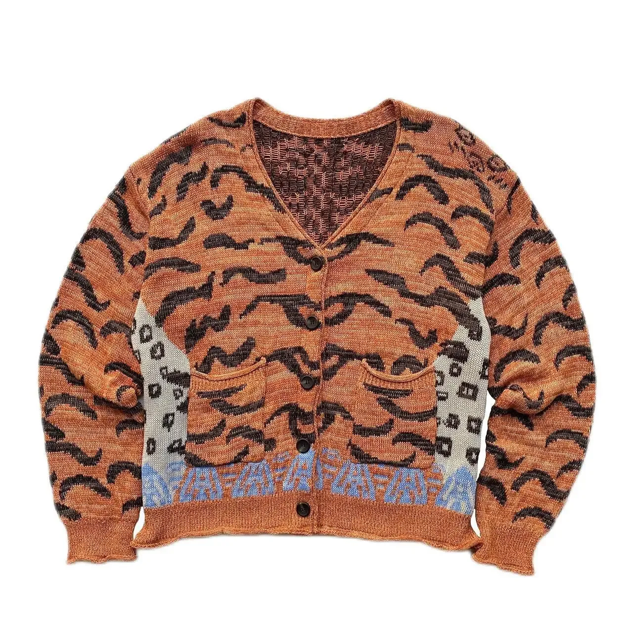 Japan Vintage Casual Tiger Leopard Print Sweaters V-neck Knitted Cardigan