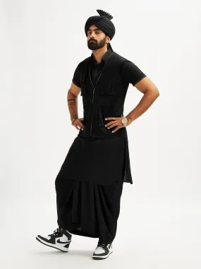 Jashvi Men's Black Viscose Kurta, Lungi,Safa And Shacket Set