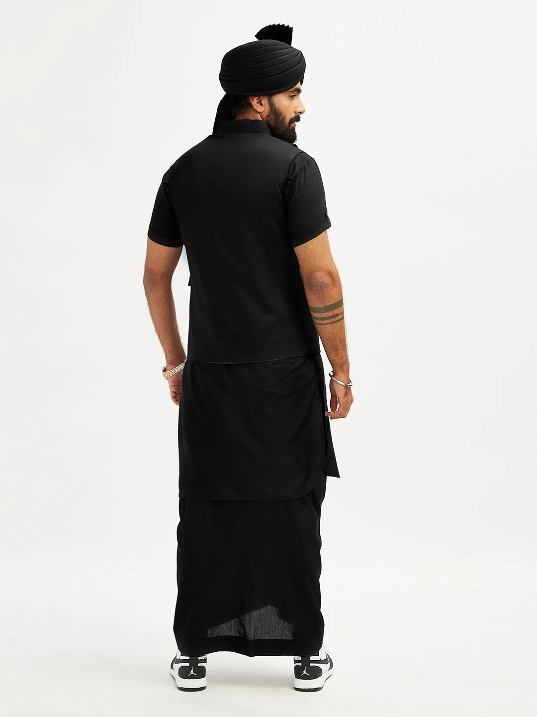 Jashvi Men's Black Viscose Kurta, Lungi,Safa And Shacket Set