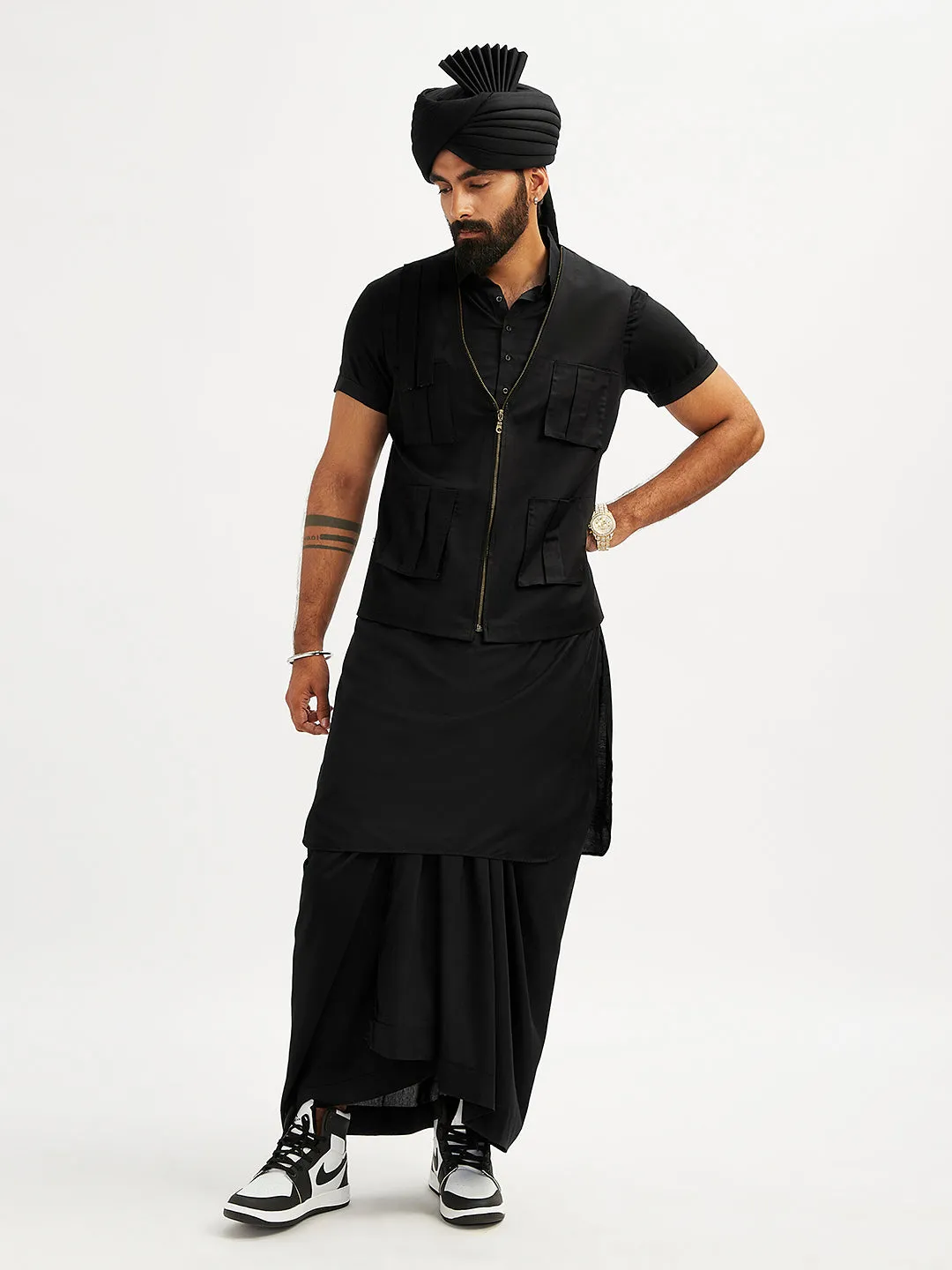 Jashvi Men's Black Viscose Kurta, Lungi,Safa And Shacket Set