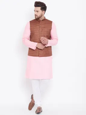 Jashvi Men's Coffee Brown, Pink And White Cotton Blend Jacket, Kurta and Pyjama Set