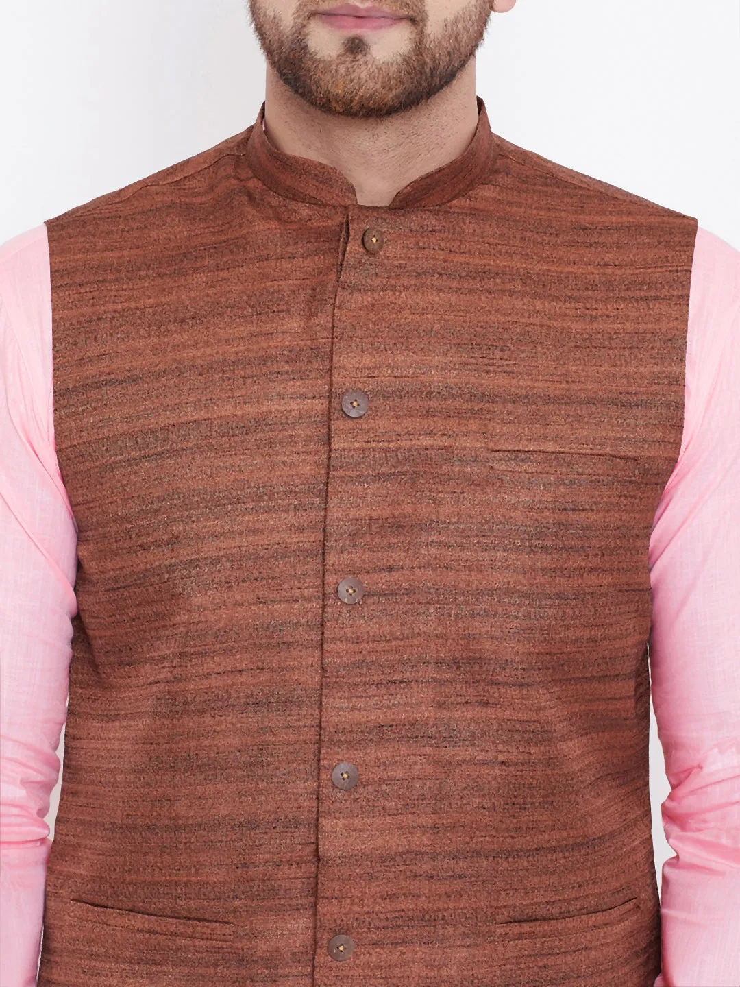 Jashvi Men's Coffee Brown, Pink And White Cotton Blend Jacket, Kurta and Pyjama Set