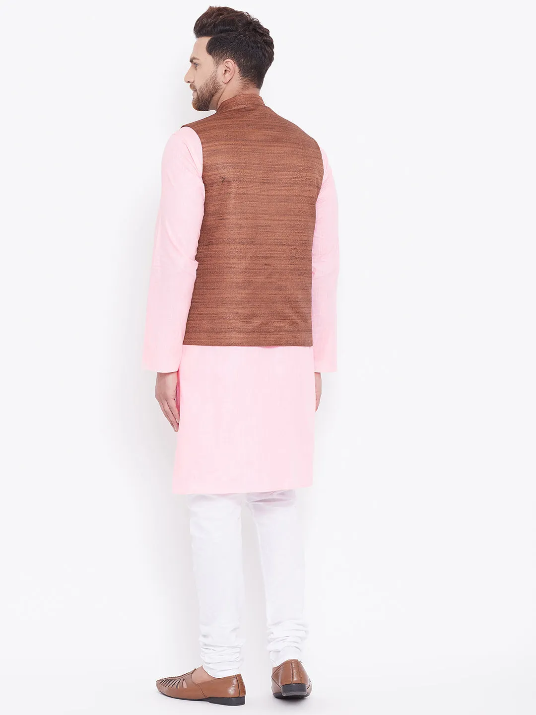 Jashvi Men's Coffee Brown, Pink And White Cotton Blend Jacket, Kurta and Pyjama Set