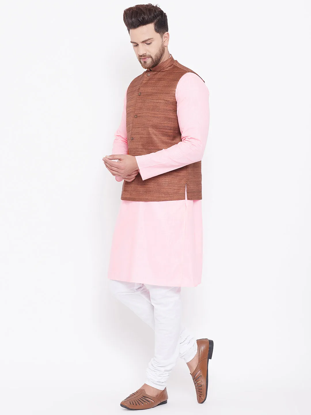 Jashvi Men's Coffee Brown, Pink And White Cotton Blend Jacket, Kurta and Pyjama Set