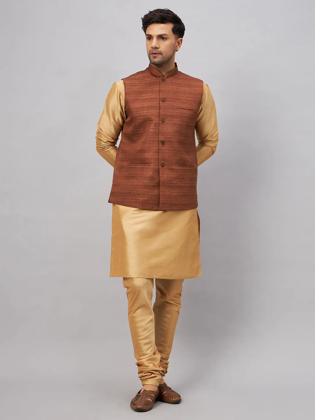 Jashvi Men's Coffee Jacket With Rose Gold Kurta And Pyjama Set