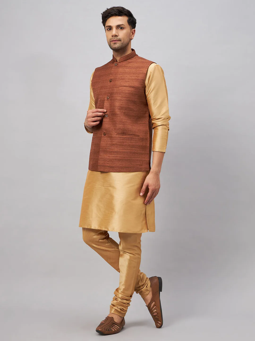 Jashvi Men's Coffee Jacket With Rose Gold Kurta And Pyjama Set