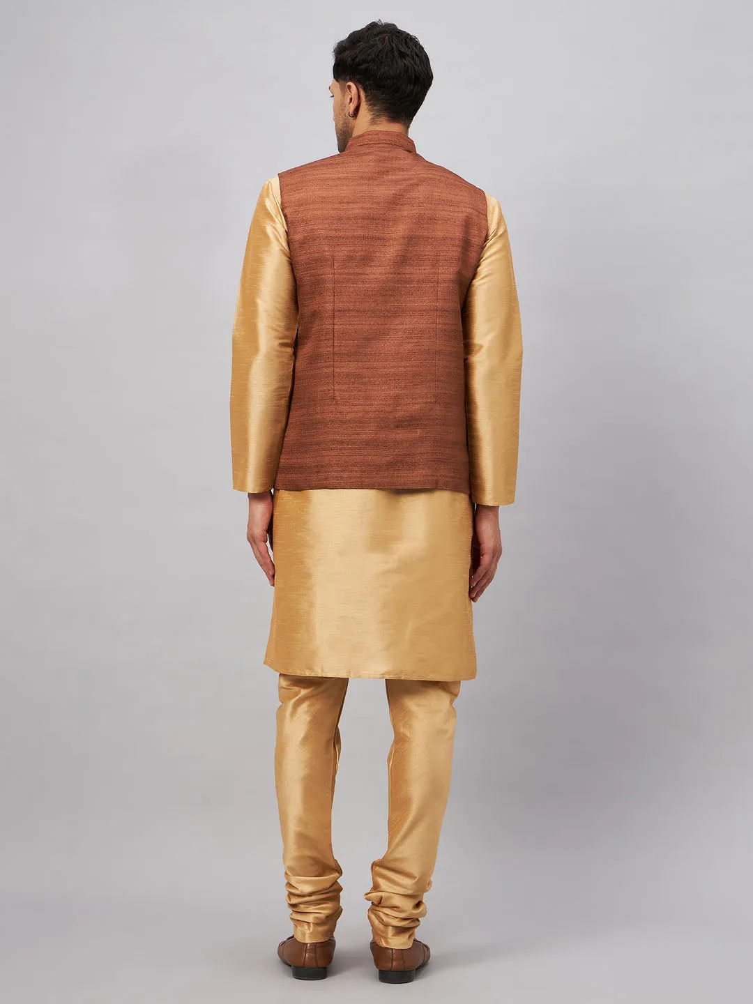 Jashvi Men's Coffee Jacket With Rose Gold Kurta And Pyjama Set