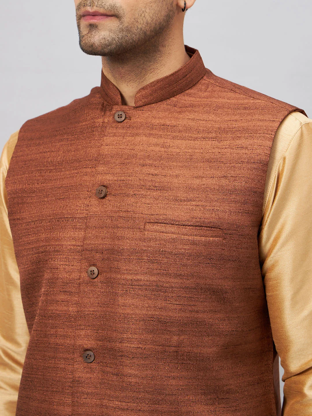 Jashvi Men's Coffee Jacket With Rose Gold Kurta And Pyjama Set