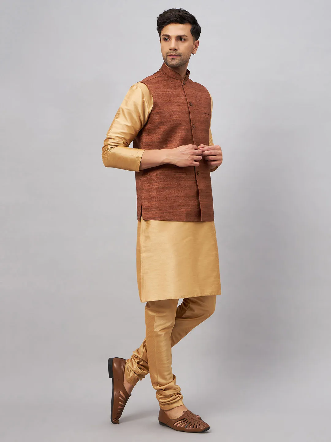 Jashvi Men's Coffee Jacket With Rose Gold Kurta And Pyjama Set