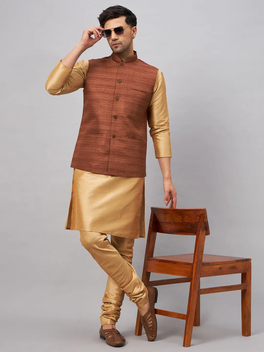 Jashvi Men's Coffee Jacket With Rose Gold Kurta And Pyjama Set