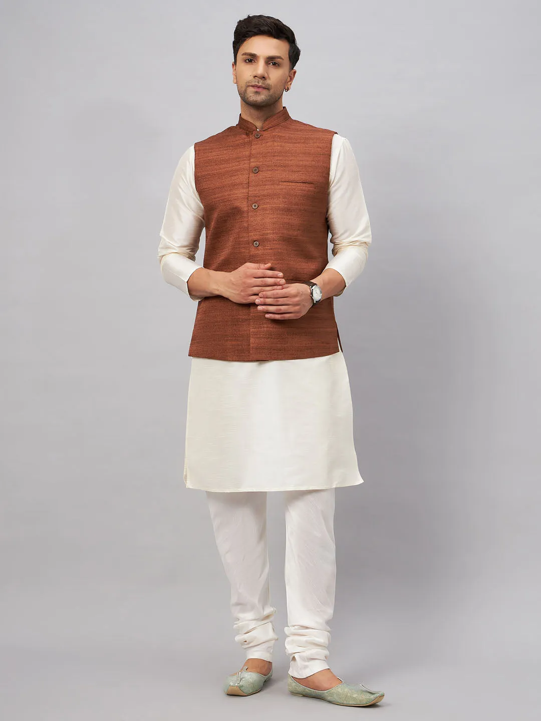 Jashvi Men's Coffee Matka Silk Nehru Jacket With Cream Silk Blend Kurta Pyjama Set