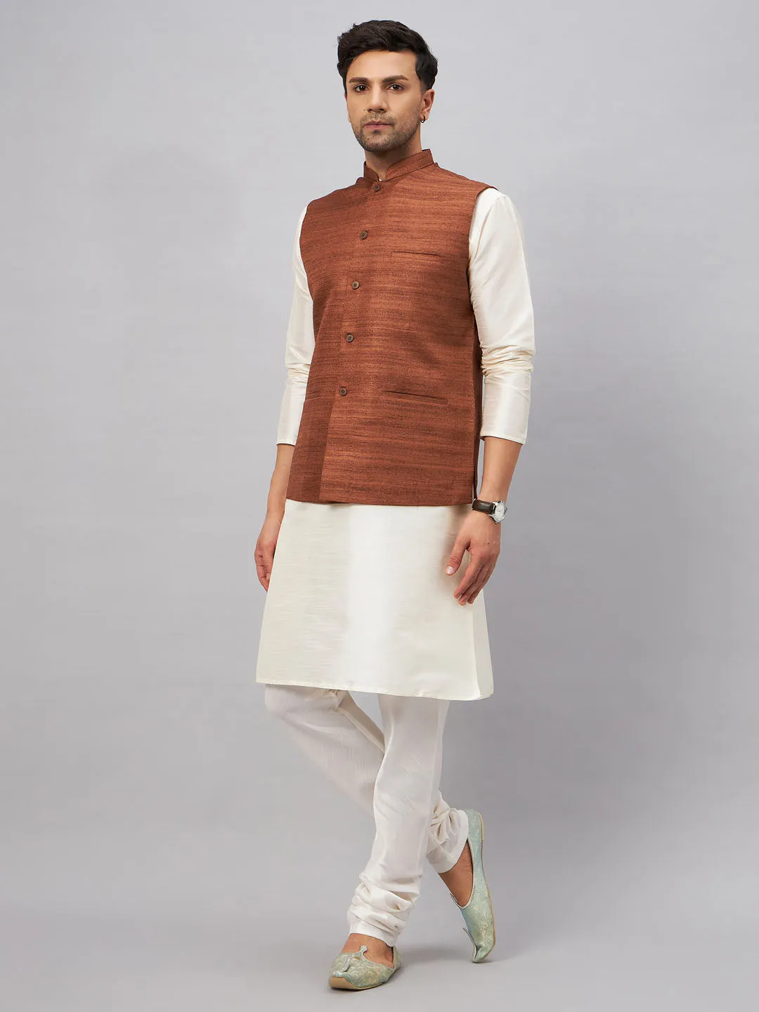 Jashvi Men's Coffee Matka Silk Nehru Jacket With Cream Silk Blend Kurta Pyjama Set