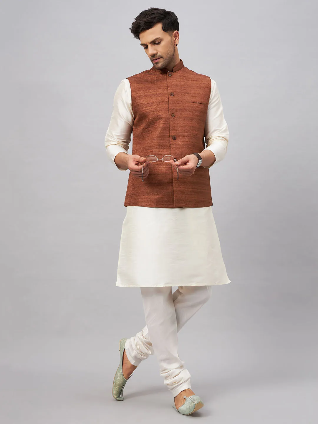 Jashvi Men's Coffee Matka Silk Nehru Jacket With Cream Silk Blend Kurta Pyjama Set