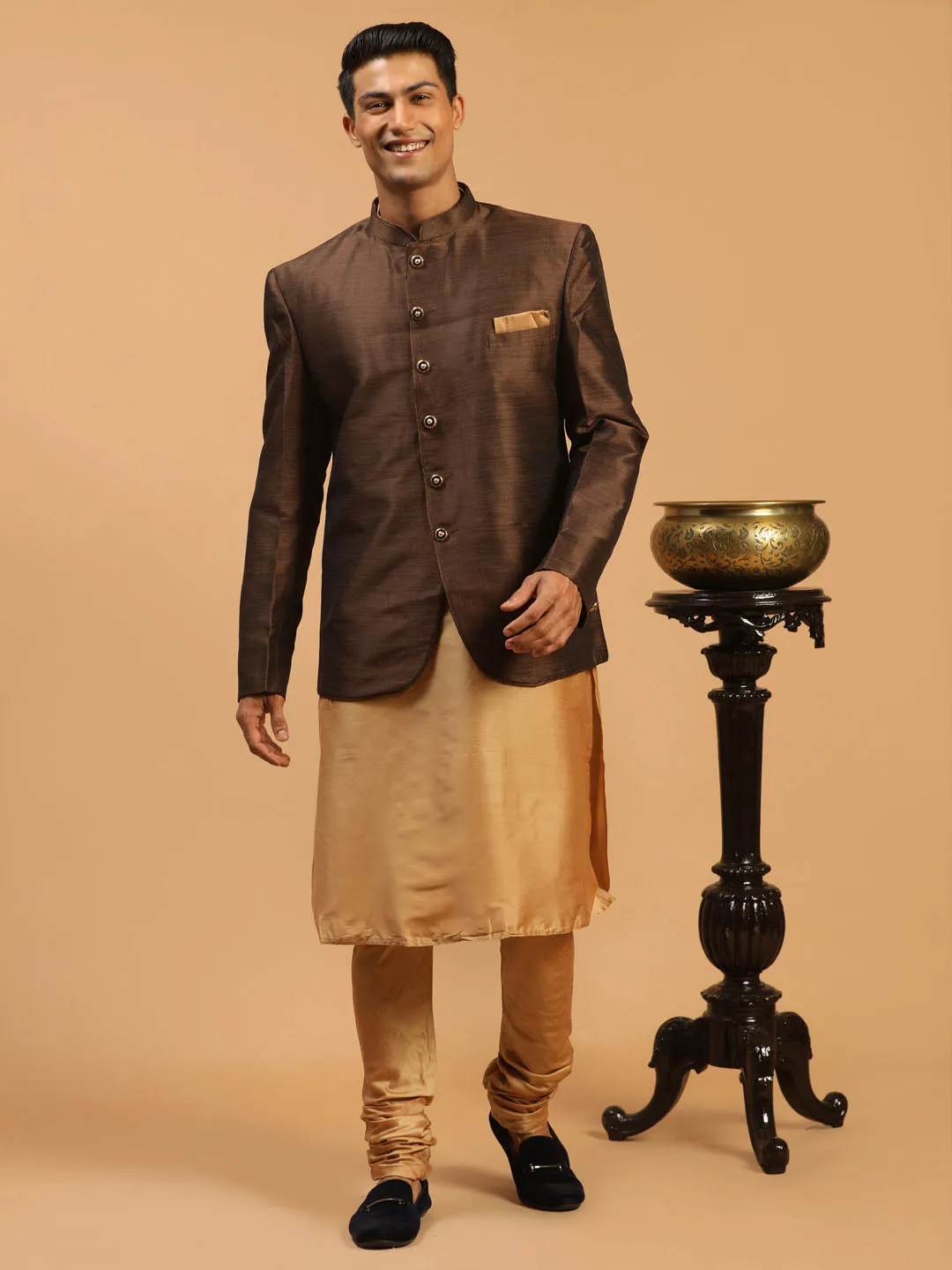 Jashvi Men's Coffee Silk Blend Jodhpuri With Rose Gold Viscose Kurta Pyjama Set