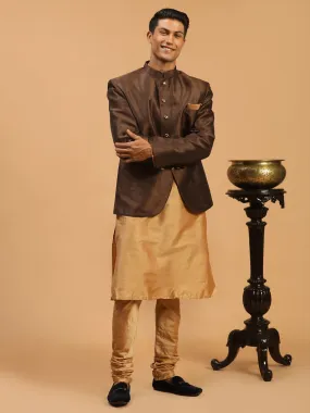 Jashvi Men's Coffee Silk Blend Jodhpuri With Rose Gold Viscose Kurta Pyjama Set