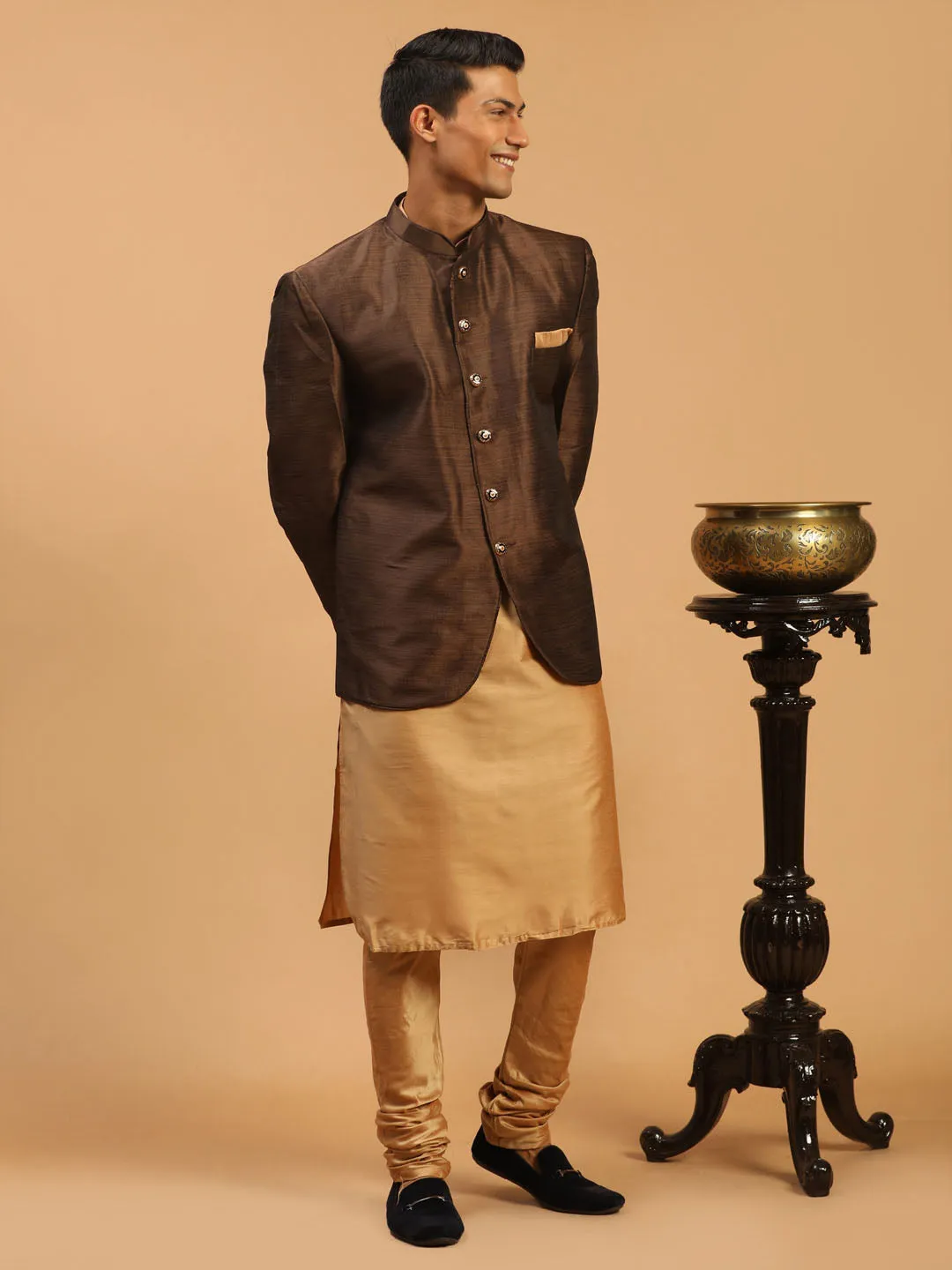 Jashvi Men's Coffee Silk Blend Jodhpuri With Rose Gold Viscose Kurta Pyjama Set