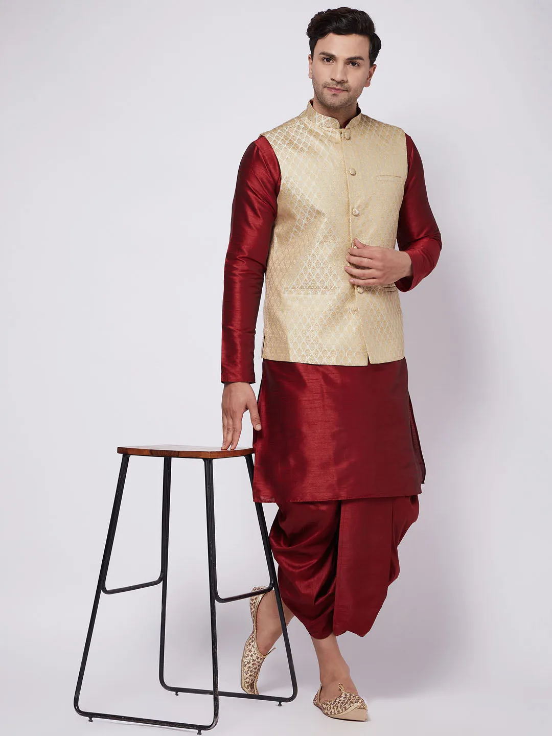 Jashvi Men's Cream Silk Blend Jacket With Kurta Dhoti Set