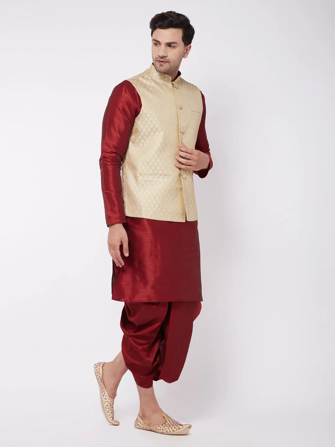 Jashvi Men's Cream Silk Blend Jacket With Kurta Dhoti Set