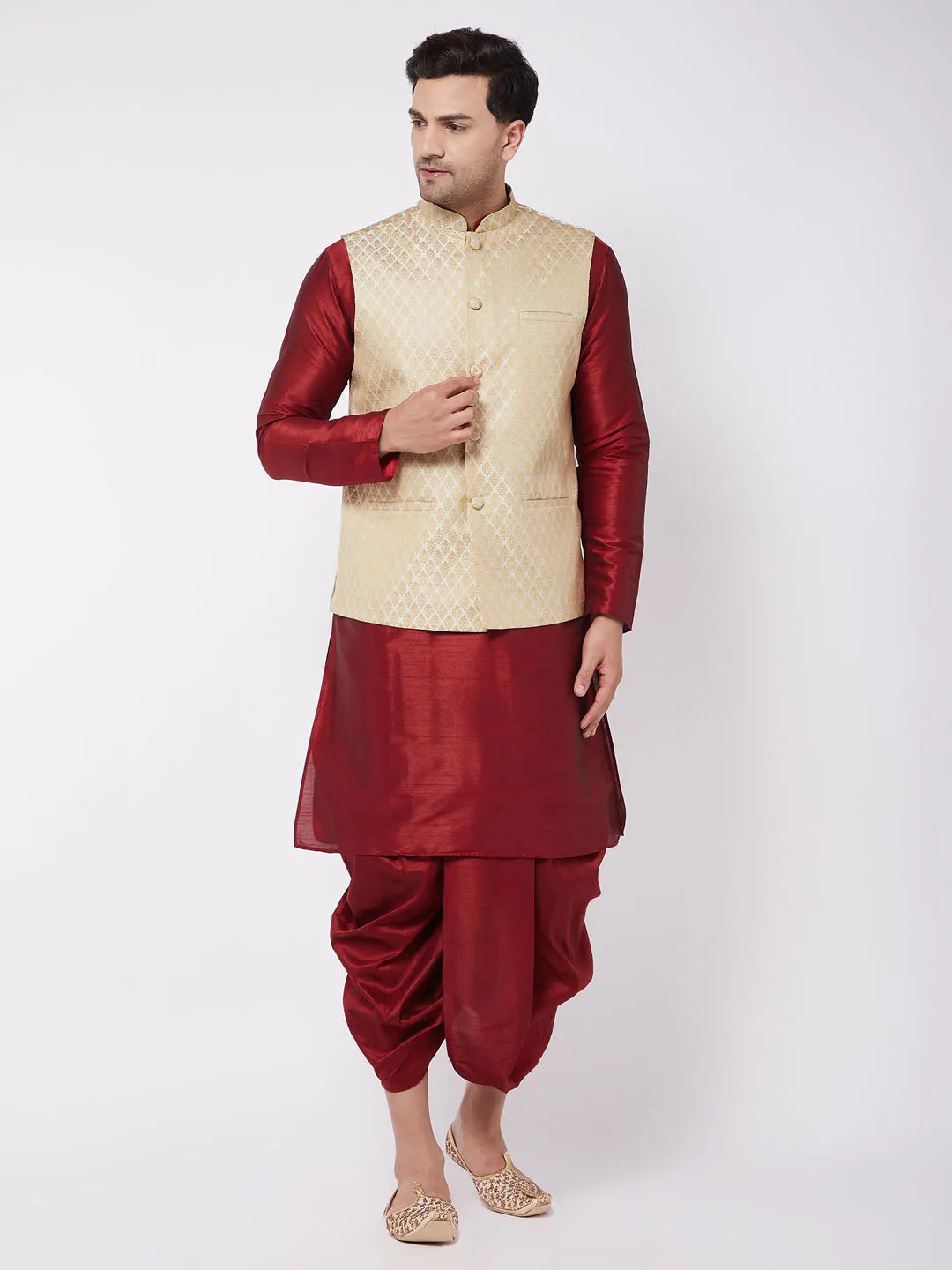 Jashvi Men's Cream Silk Blend Jacket With Kurta Dhoti Set