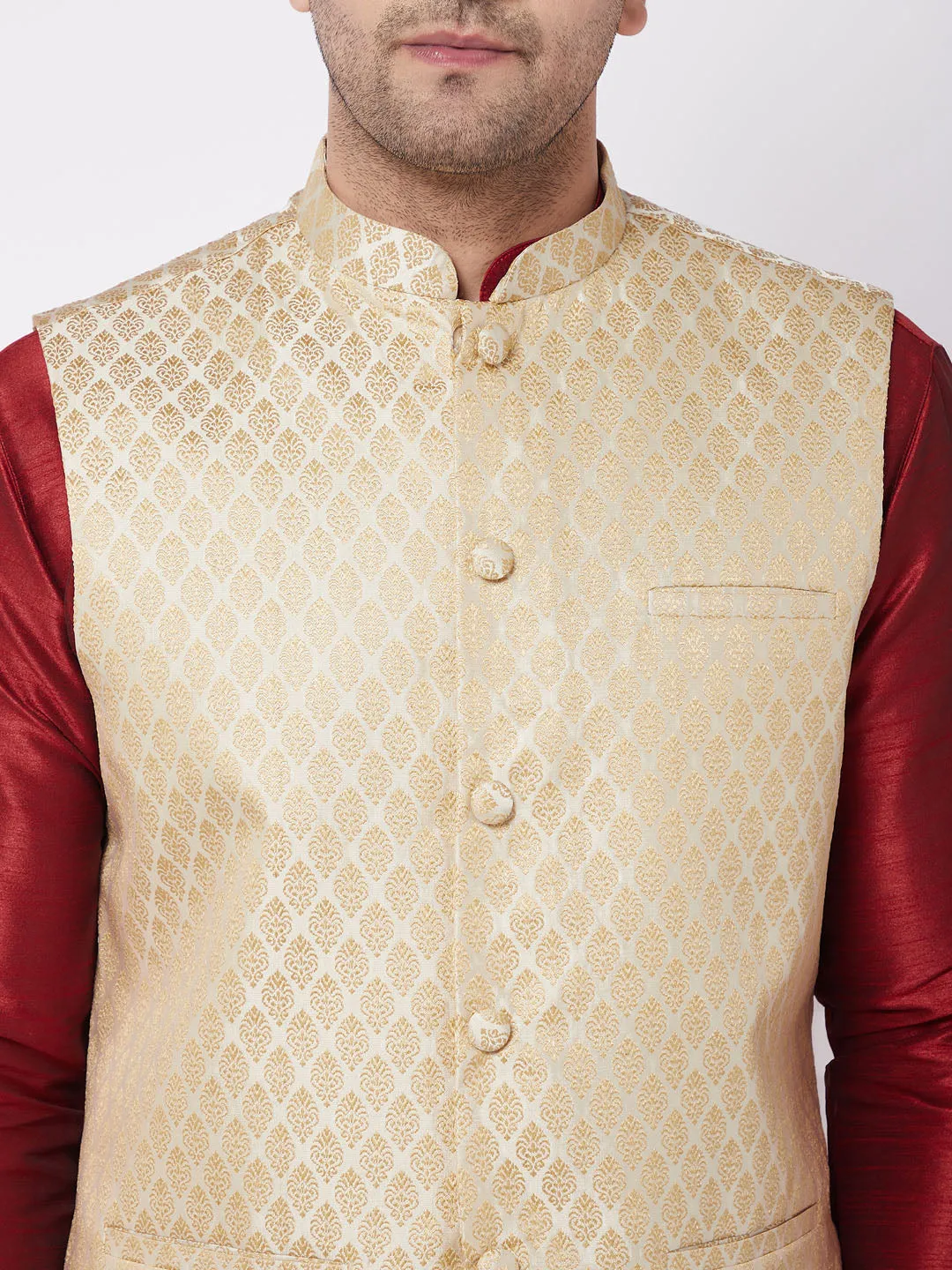 Jashvi Men's Cream Silk Blend Jacket With Kurta Dhoti Set