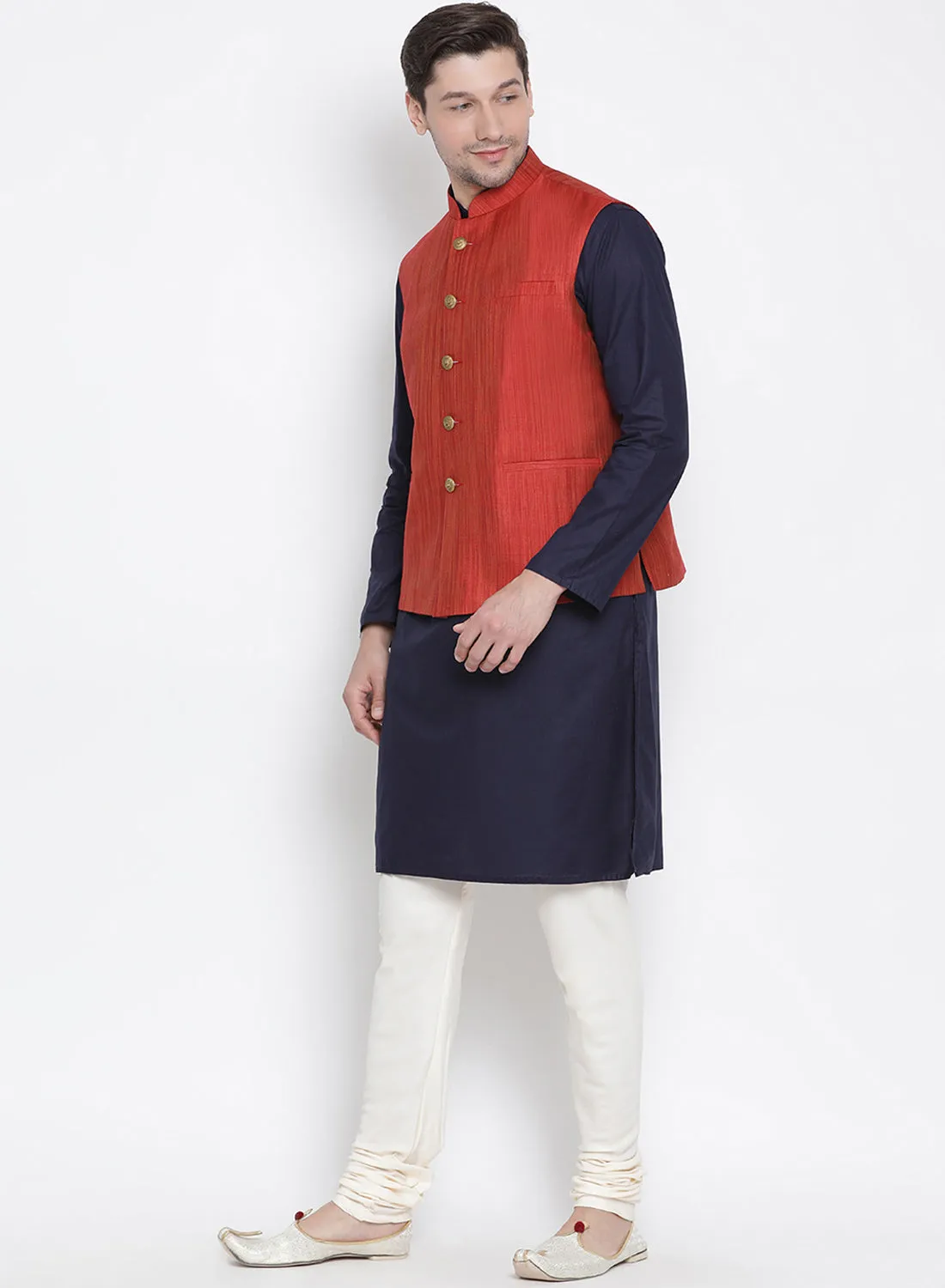 Jashvi Men's Dark Blue Cotton Blend Kurta, Ethnic Jacket and Pyjama Set