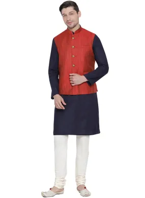 Jashvi Men's Dark Blue Cotton Blend Kurta, Ethnic Jacket and Pyjama Set