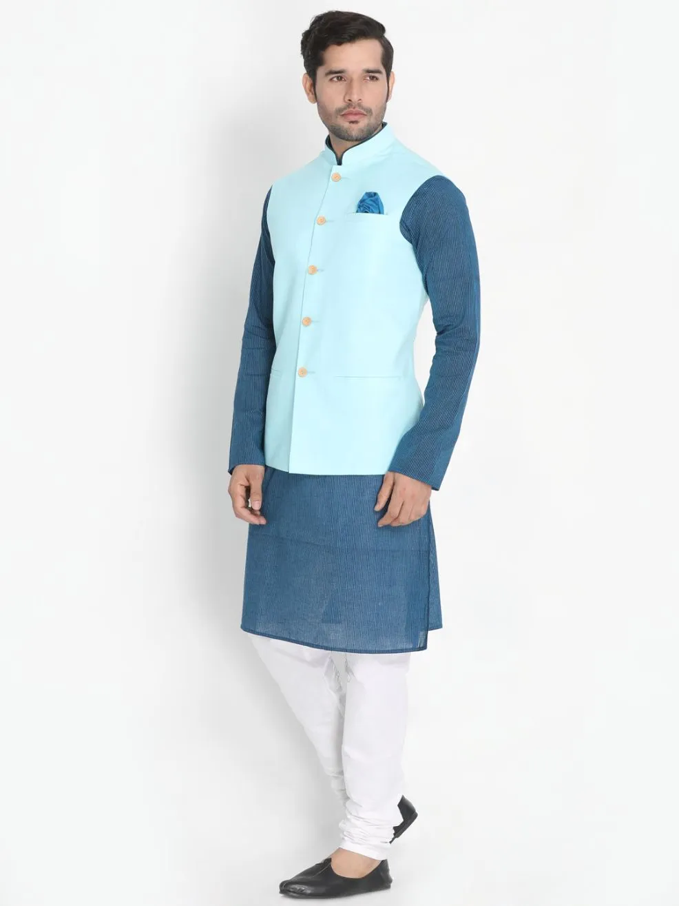 Jashvi Men's Dark Blue Cotton Blend Kurta, Light Blue Ethnic Jacket and Pyjama Set